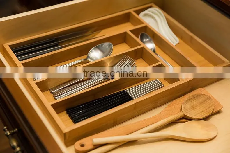 BH009/ 6-Slot Kitchen Bamboo Drawer Organizer With Flatware Cutlery Accessories or Gadgets Tray