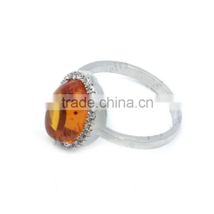 2014 hot design natural stone ring amber ring with CZ
