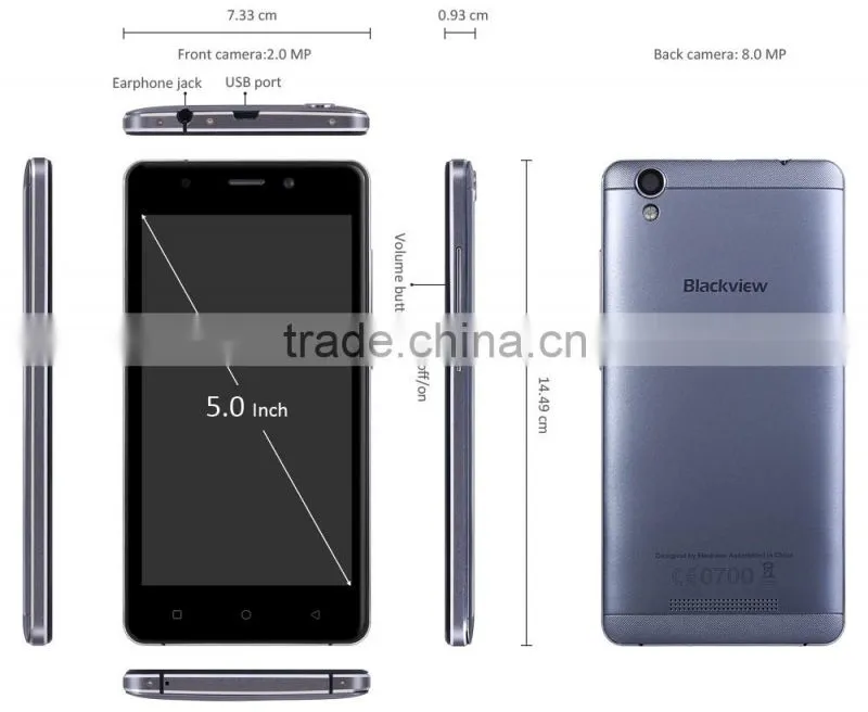 cheap cellphone Blackview A8 5.0 inch Android 5.1 MTK6580 Quad Core 1.3GHz 8GB ROM HD Screen GPS WiFi Cameras