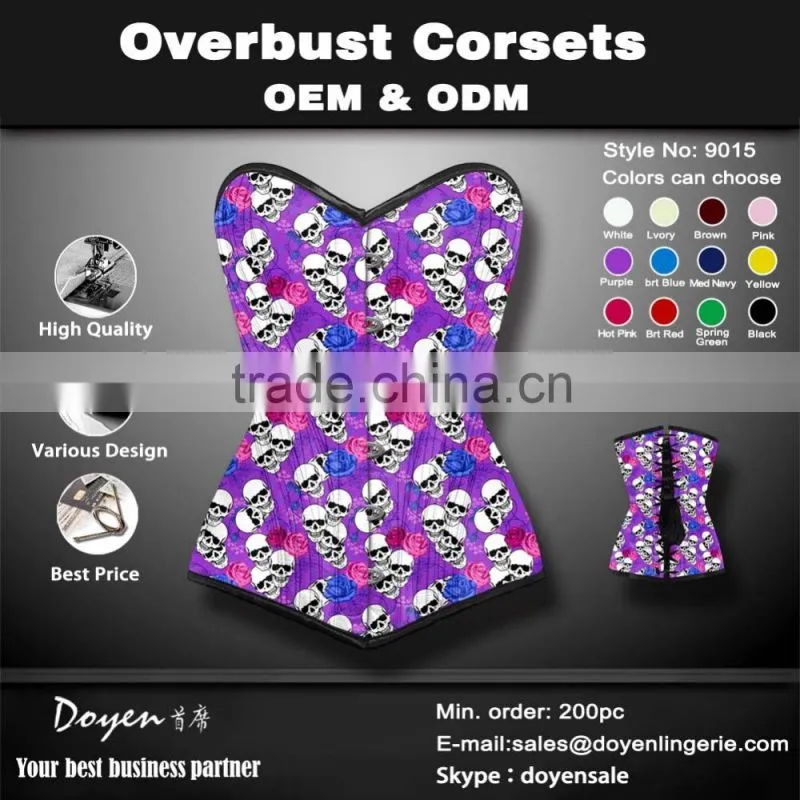 2016 new skull steel boned waist cinchers front zipper corset