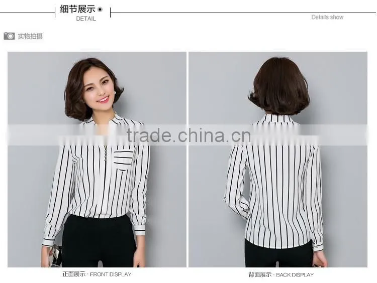 Womens Scarf Collar Long Sleeve V-neck Chiffon Striped Casual Blouse 2016