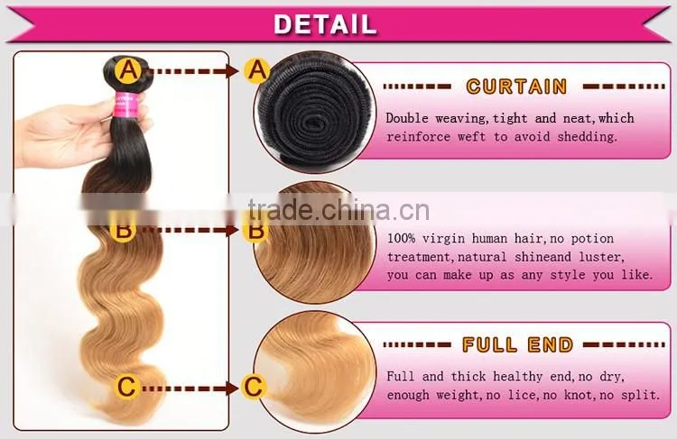 ombre hair weaves hot sale ombre weaving hair 1b/#4/27# color three tone color Malaysian human hair weft mix length