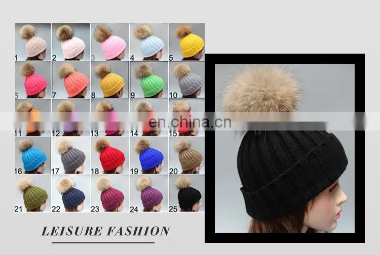 Wholesale mens knitted plain beanie hat with fur pom pom