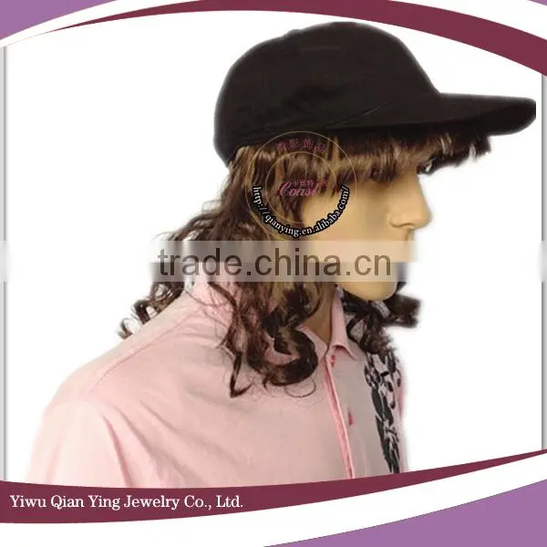 black cheap baseball cap with wig