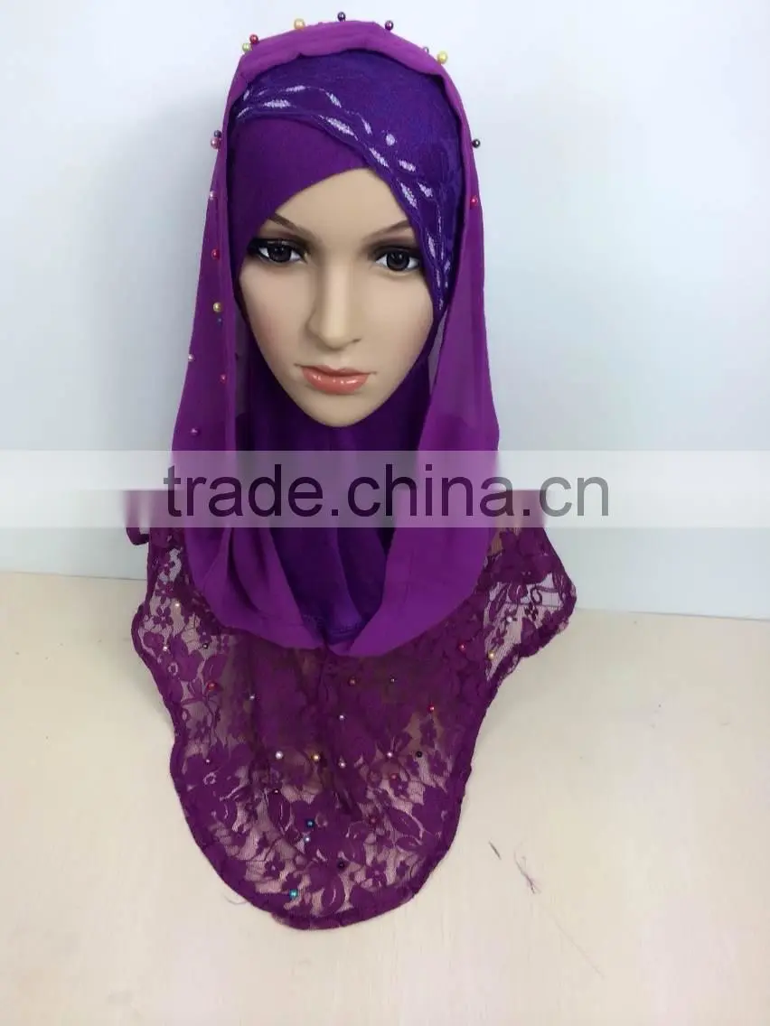 A390 Newest 2015 lace chiffon pearl islamic scarf hijab MUSLIM 2 PIECEs LONG HIJAB