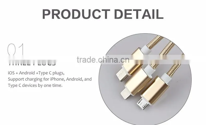 1.2m Nylon Woven Three Metal Plugs 3 in 1 Micro USB Cable Colorful Phone Cable for iPhone 6 6s Plus 5s Android Type C