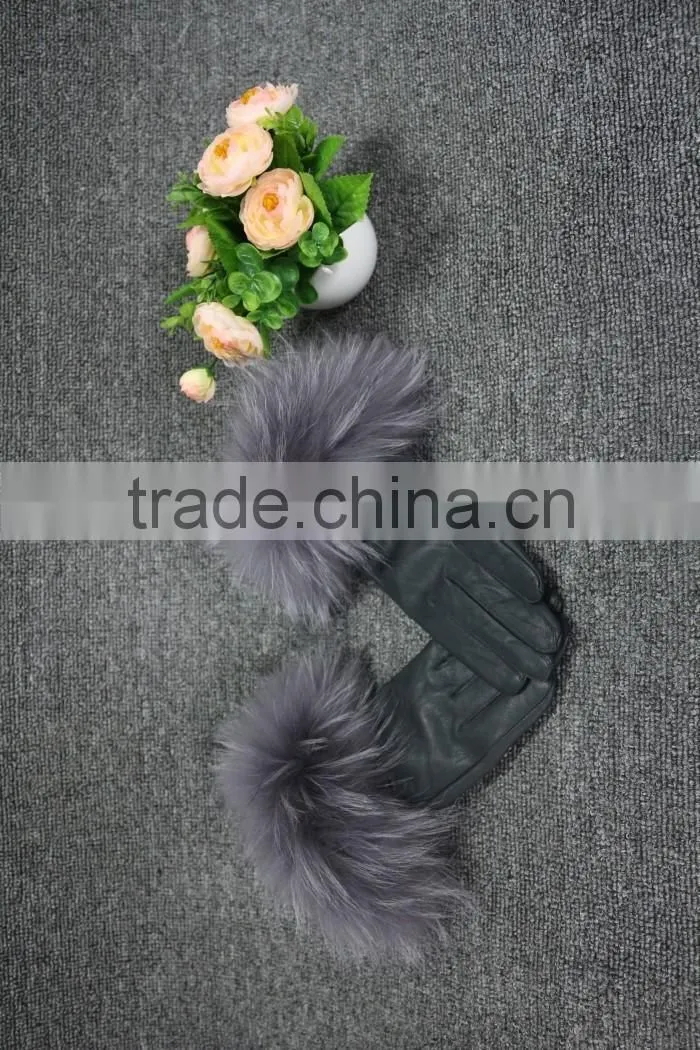 fashion sheep leather gloves women touchscreen raccoon fur cuff leather gloves