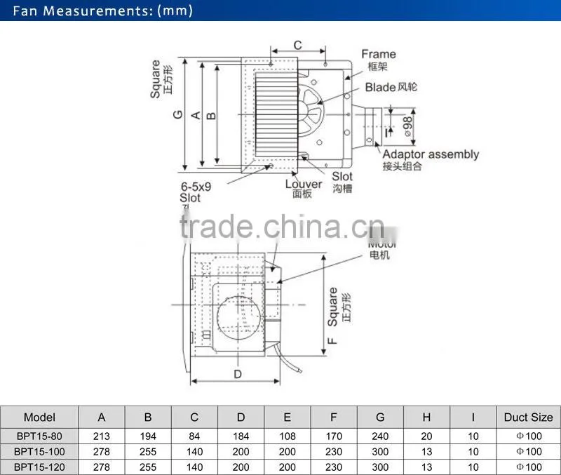 China Square Bathroom Ceiling Ventilation Fan BPT15-80
