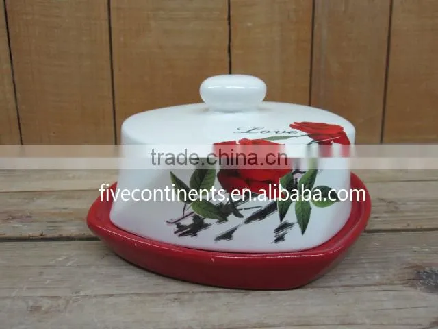Hot Selling Red Rose Decal Ceramic Butter Dish with Lid