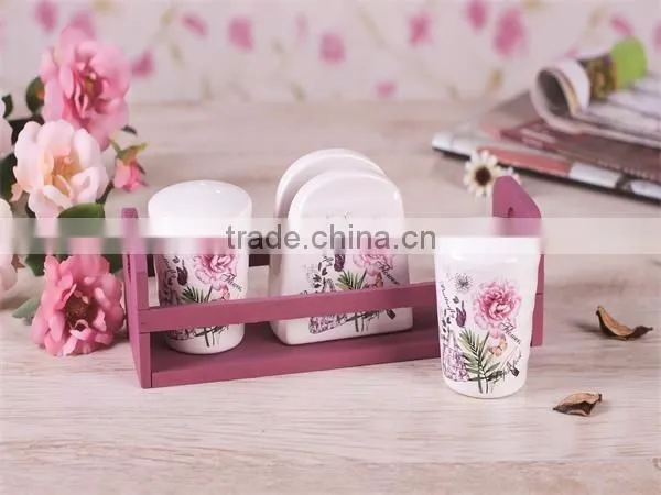 Flower Decal Napkin Holder with Salt Pepper Shakers with Pink Wooden Stand