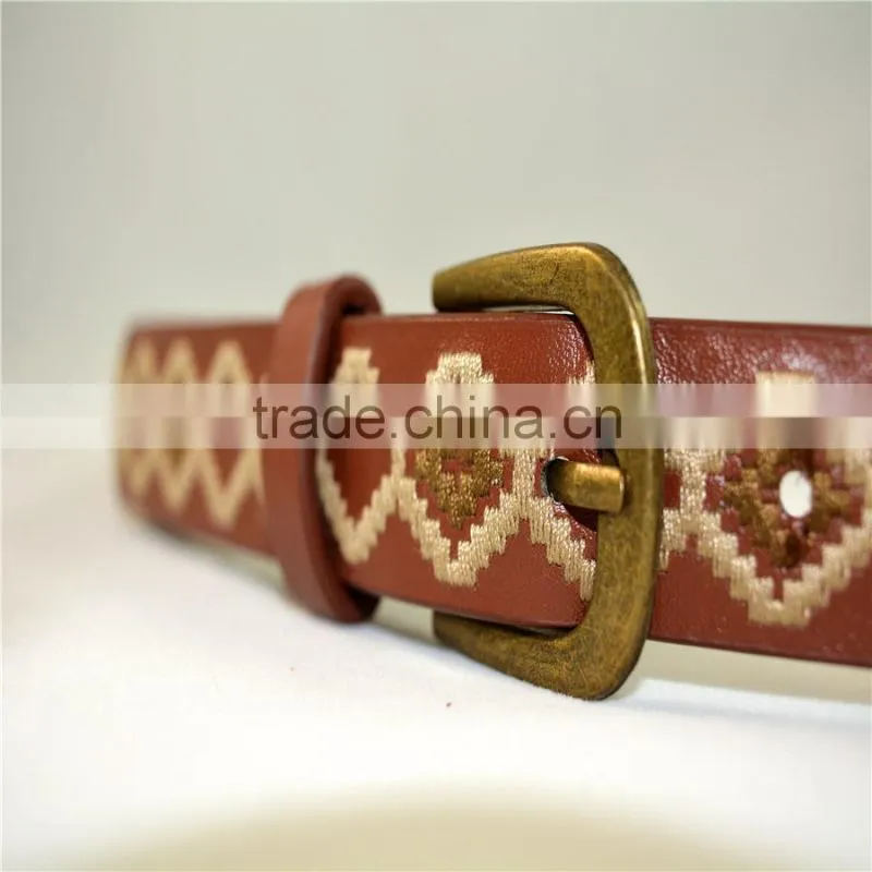 manufacturer antique brass buckle geometric embroidered pu leather belt for women