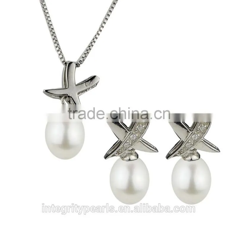 best price hot selling fashion top quality 925 sterling silver necklace&earrings natural pearl jewelry set for women