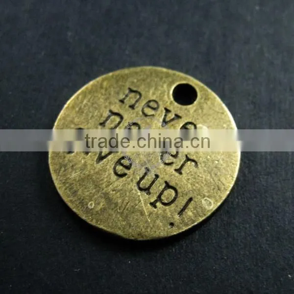 20mm vintage style bronze plated alloy antiqued never never give up engraved letter DIY pendant charm supplies 1810221