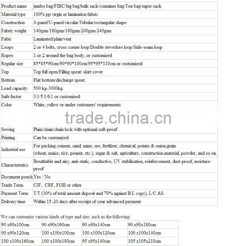 Asia famous fertilizer /cement/ rice/ sand /cinder/ sugar/ iron ore/corn/ peanut/copper mine/ salt PP woven bulk bag
