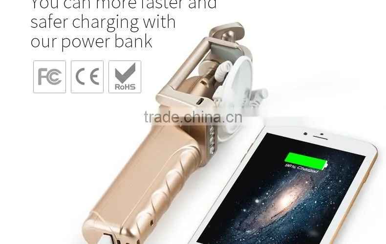 2016 Profession Design Enhancing Light Selfie Stick with Power Bank Portable Monopod with Mirror