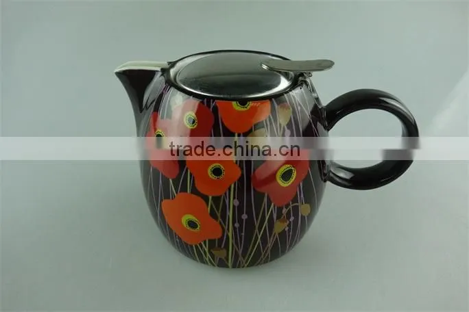 Hot sale stock cheap ceramic colorful round tea pot with stainless steel lid