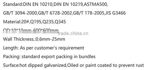 factory price galvanized square pipe railling hollow section tube