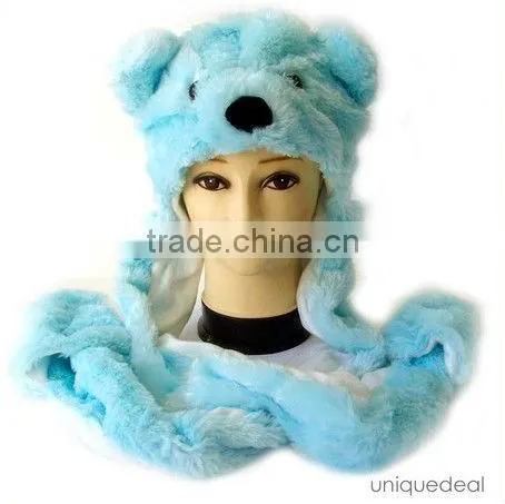 Fashion long mittens scarf set plush winter animal hats for adults