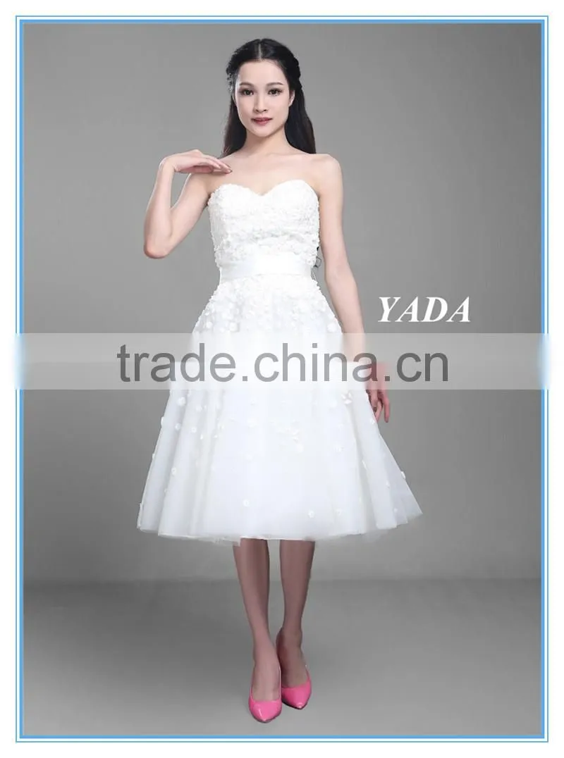 Pretty Off Shoulder Tulle Handmade Appliques Knee Length Wedding Dress