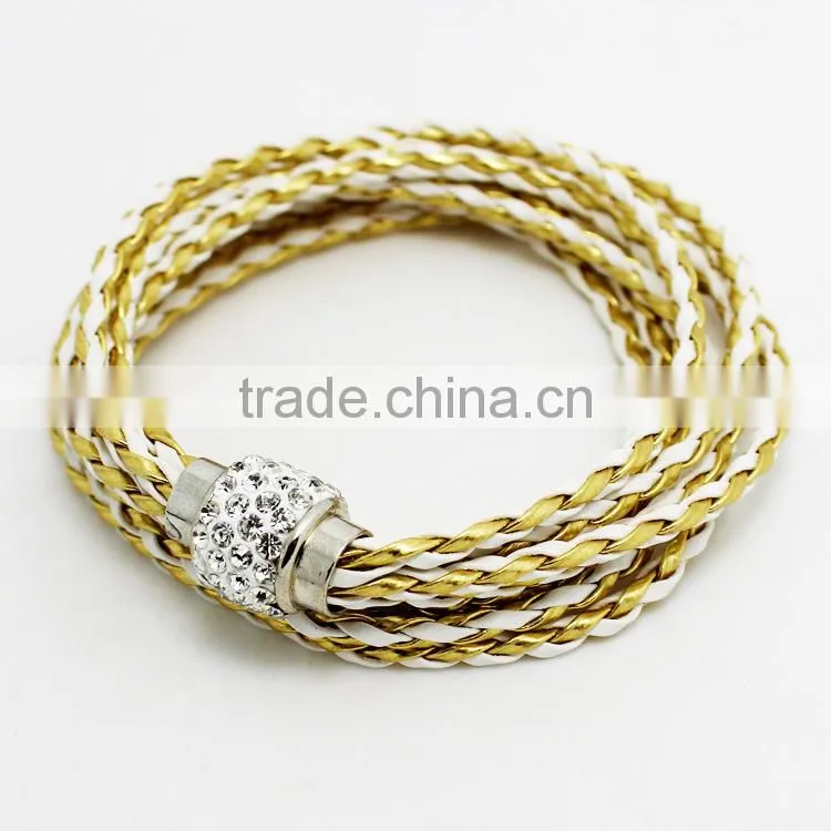 Leather Wrap Wristband Cuff Punk Magnetic Rhinestone Buckle Bracelet Bangle
