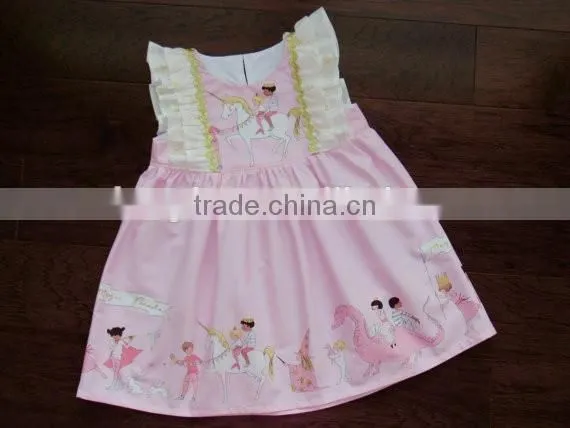 Little Girls Unicorn Magic Parade Dress With Gold Lace Baby Pink Flutter Sleeve Dress