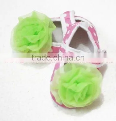 Baby Pink White Polka Dots Crib Shoes with Lime Green Rosettes