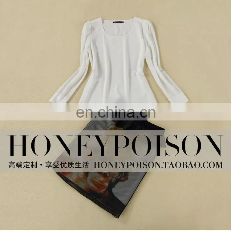 2014 Latest style long sleeve chiffon printed women dress