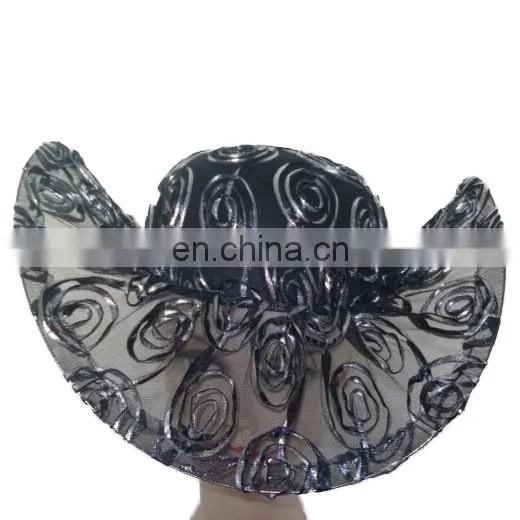 MCH-2251 Fashion cheap wholesale ladies various party wide warping brim floppy gauze hat with pattern