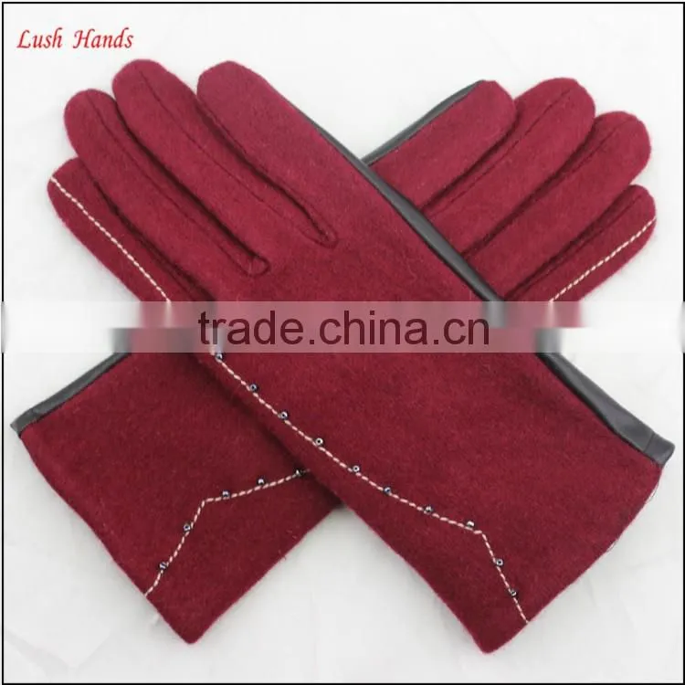 ladies simple red woolen and beautiful women PU hand gloves