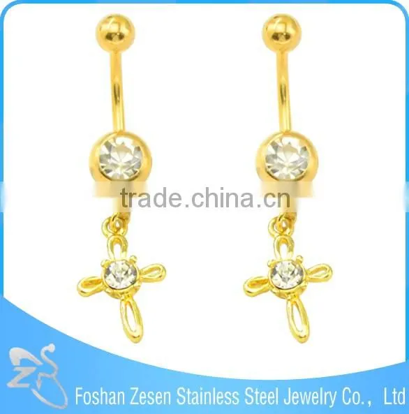 Crystals Cross Dangle Belly Ring Golden Body Jewelry Banana Bar Jewelry
