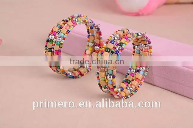 Fashion Rainbow Elastic Multilayers Square Pearl Wood Beads Bracelet Dancing Bangle