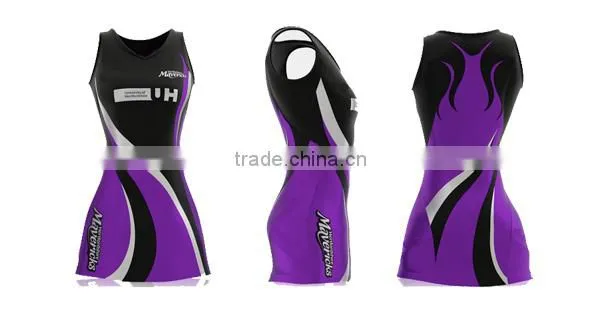 Hot sale netball dress design color red and blue with gold star