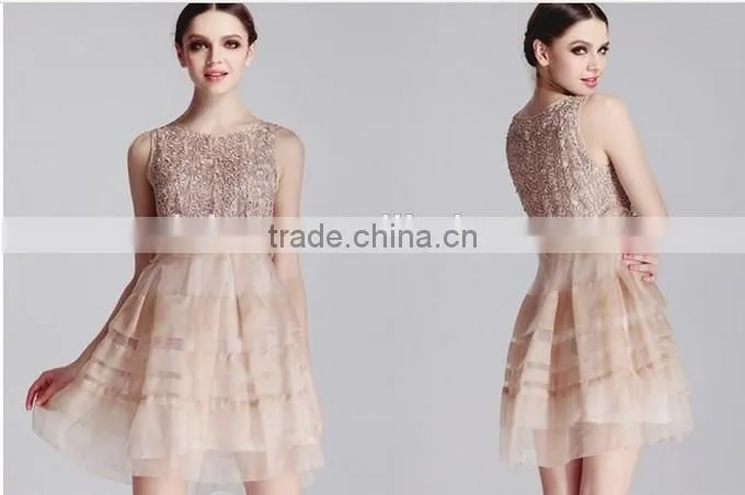 2015 Hot Sale Prom Princess Sleeveless Lace Fashion Dress Design
