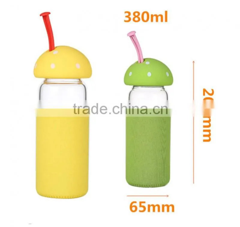 13oz clear round empty glass water new design glass water bottle with mushroom shape lid