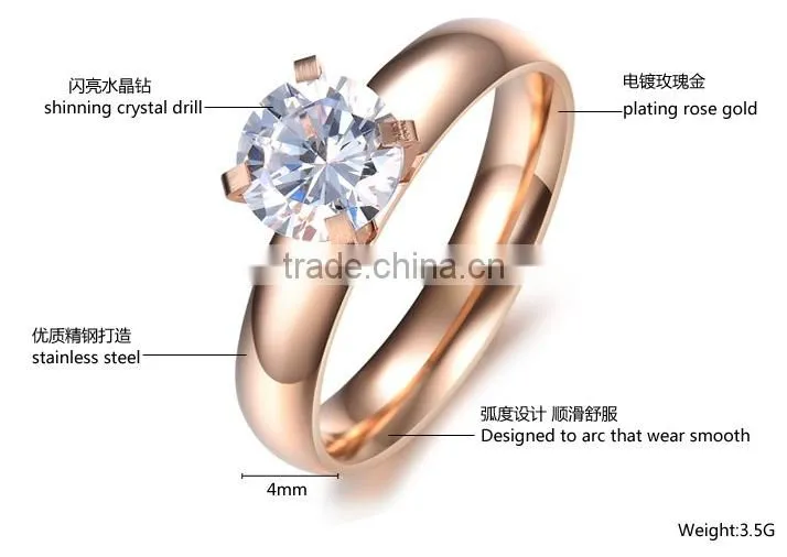Fashion rose gold titanium steel crystal ring for women titanium jewelry