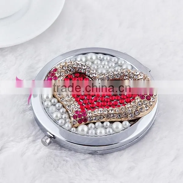 ladies decorative girls hand cosmetic mirrors big heart rhinestone mirrors