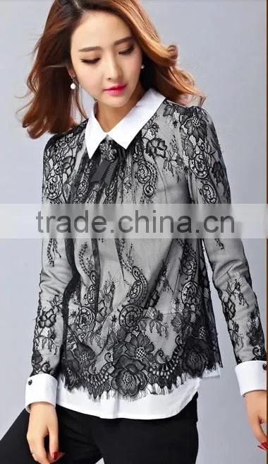 New design 2014 elegant long sleeve POLO collar lace lady shirt