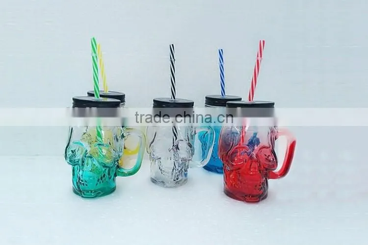 cheap stylish skull head glass mason mug with handle and black lid