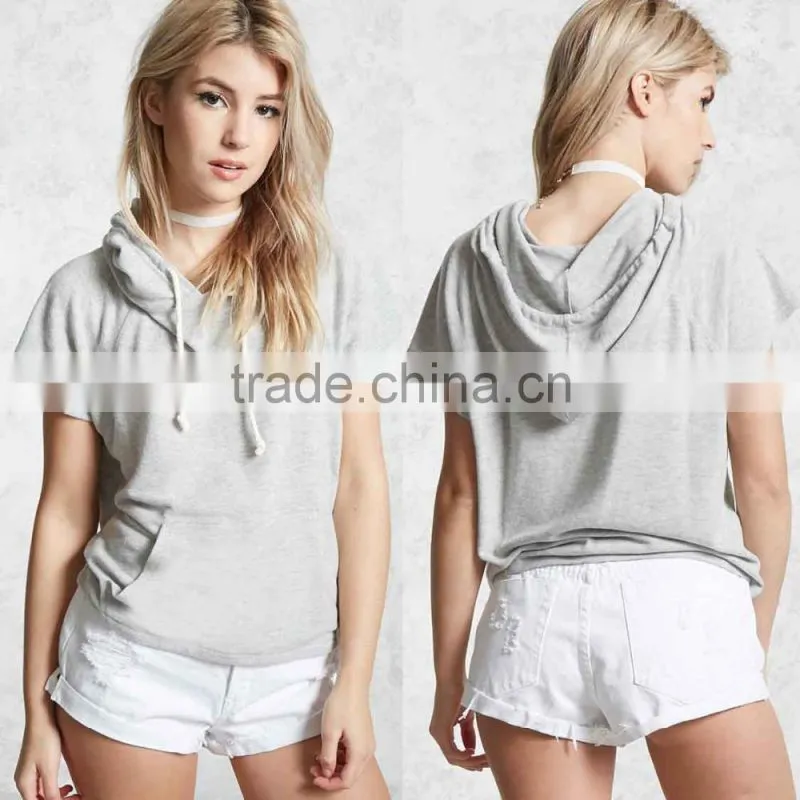 80 Cotton 20 Polyester Cheap Hoodies Women Short Raglan Sleeves Brushed Knit Short Sleeve Thin Hoodies For Summer