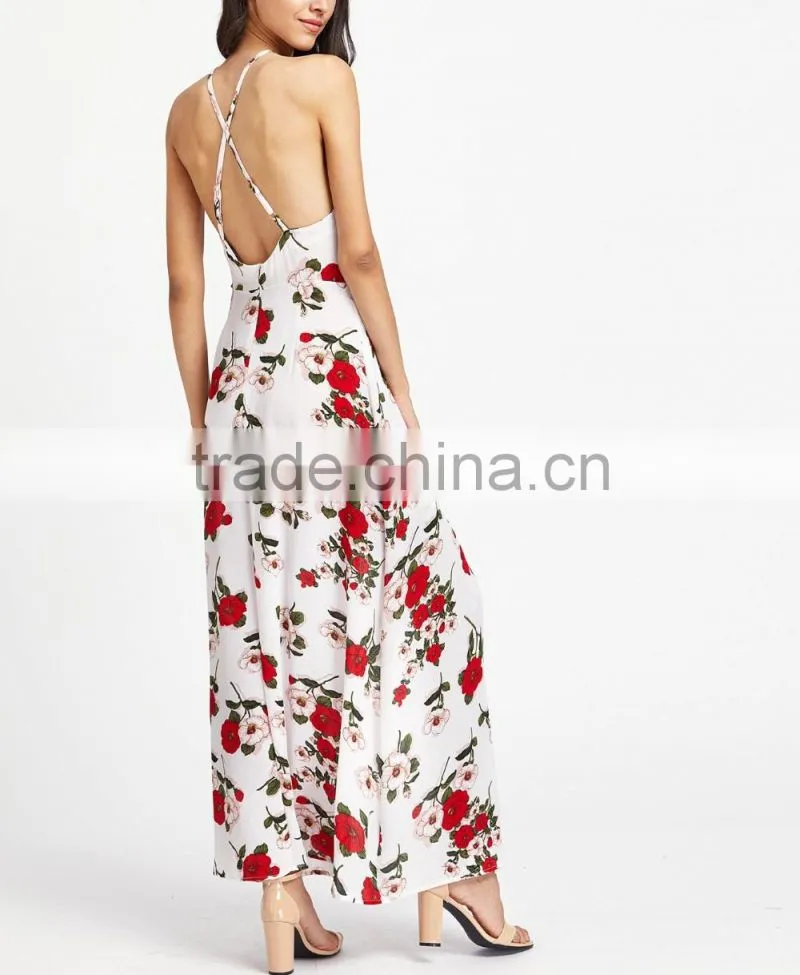 Whosale Clothing OEM Hollow Out Slit Crisscross Back Calico Print Dress