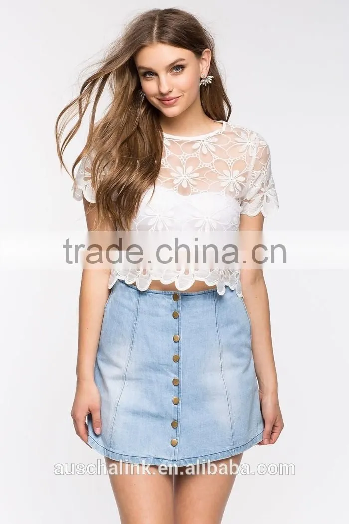 2016 promotional high quality lady white crochet t shirt
