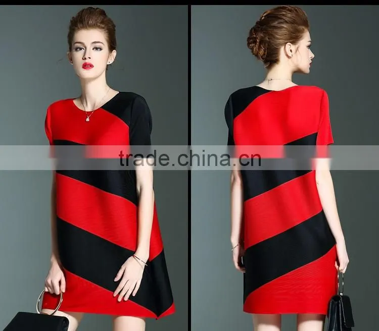 Online shop women twill printed O neck pleated dresses