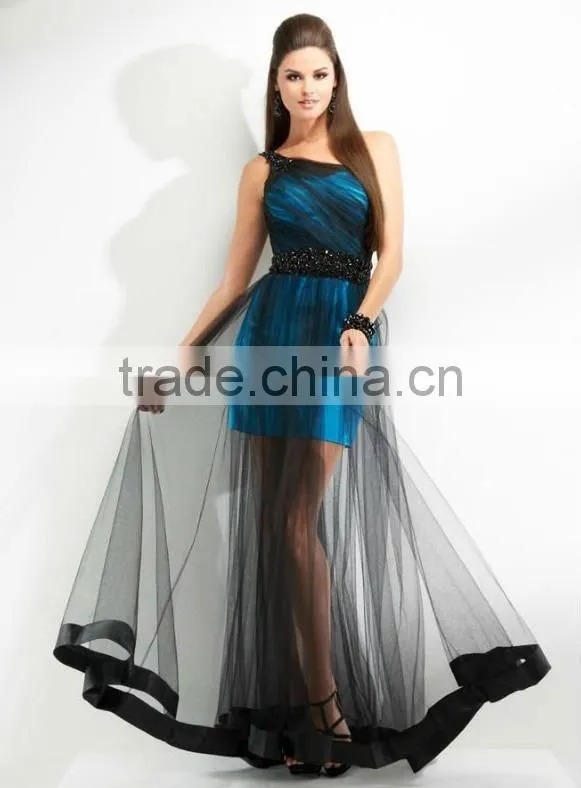 blue with black organza short cocktail dress