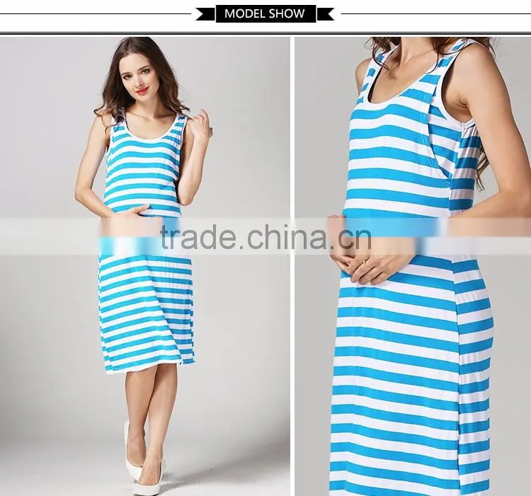 White and Blue Strips Maternity Dress Korean Style Nursing Clothing Athleisure Hide Breastfeeding Opening Skirts