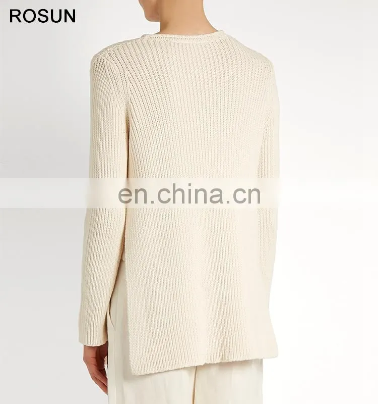 Women Round Neck Ribbed Knit Cotton Blend Sweater