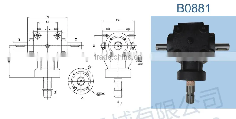 B0881 ratio1:1,cast iron housing,forward and reverse, agricultural machines 90 degree gearbox