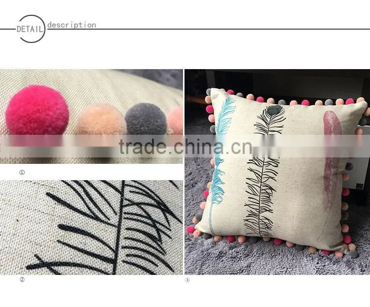 leaf printed pillow with pomp around 4 side