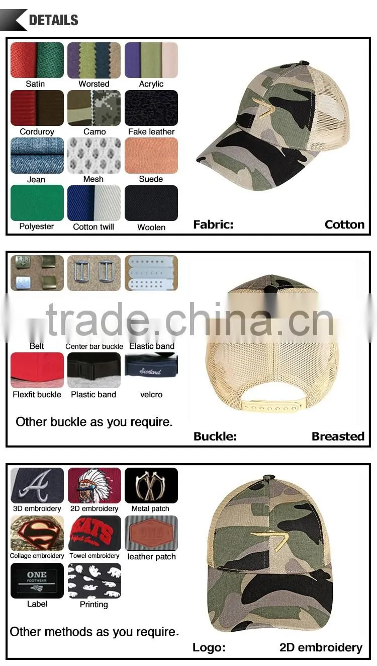 Wholesale Make Your Own Embroidery Logo Custom Camo Trucker Cap Mesh Cap