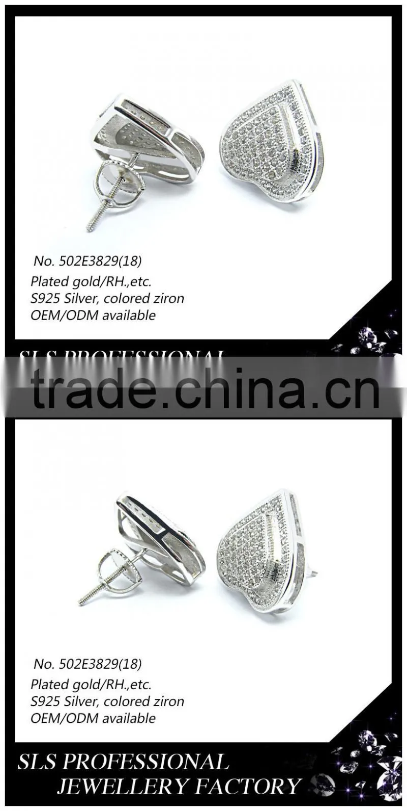 2015 Fashion heart shape 925 silver white zircon rhodium plated screw back stud earrings from sls jewelry