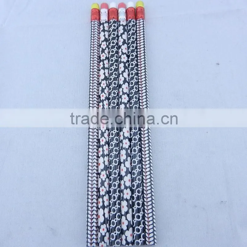 hot sales 7inch HB wooden round heat plastic mantle flower pattern pencil with color eraser